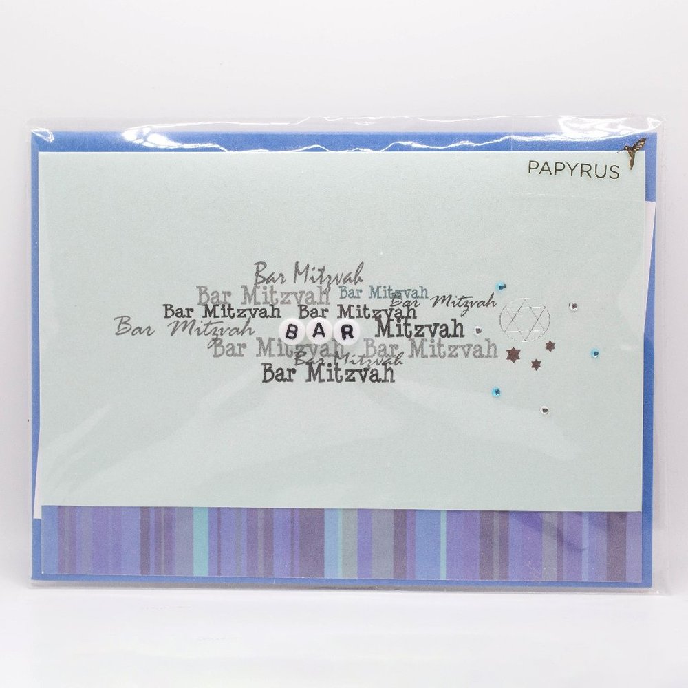 Happy Bar Mitzvah Blue Stripes & Beads Papyrus Card